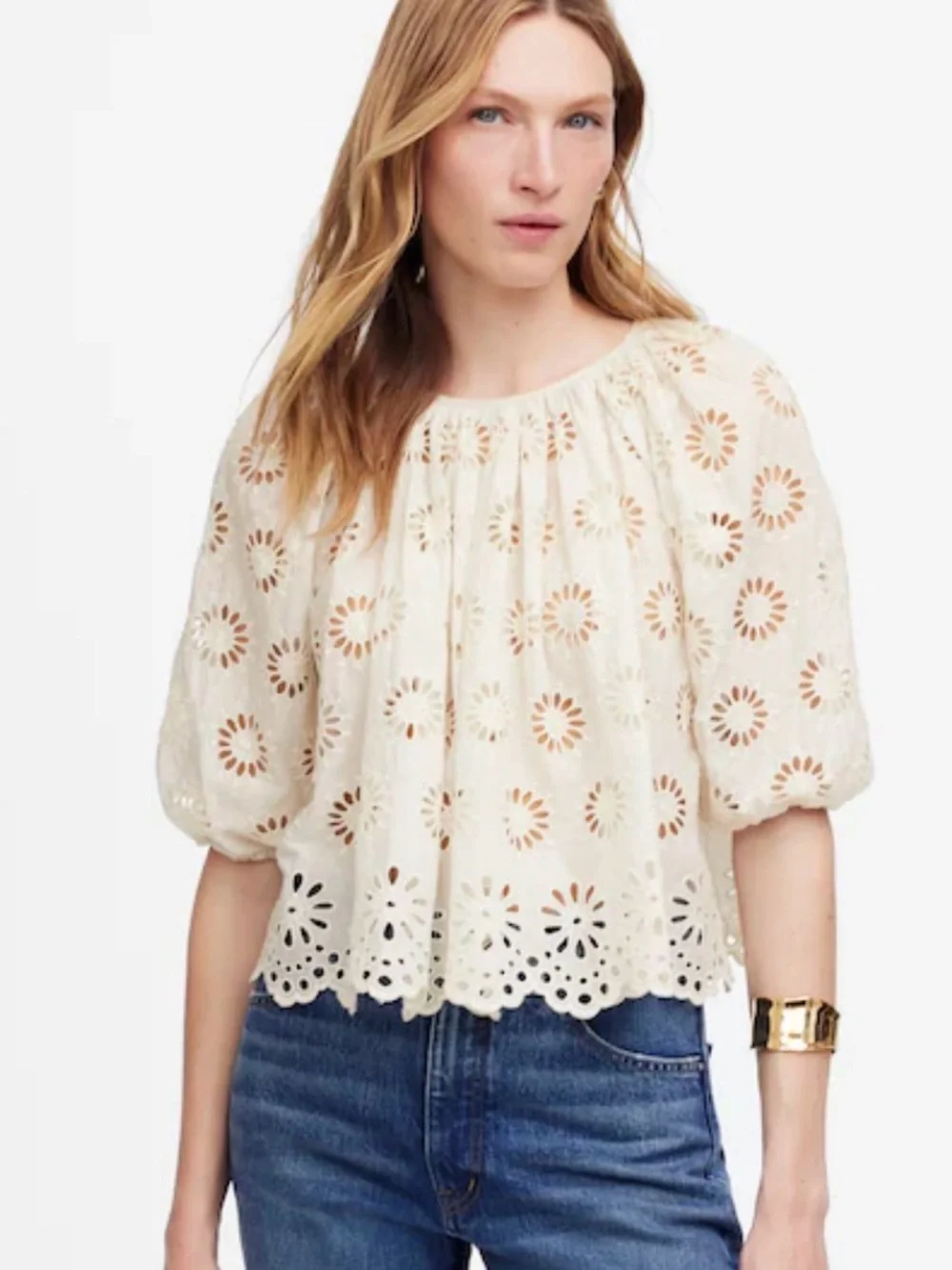 Madewell Embroidered Shirred Puff-Sleeve Top